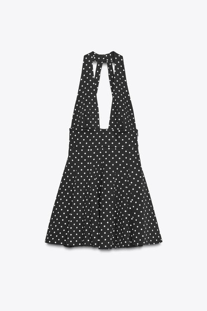 Vestido corto halter con lazo y lunares