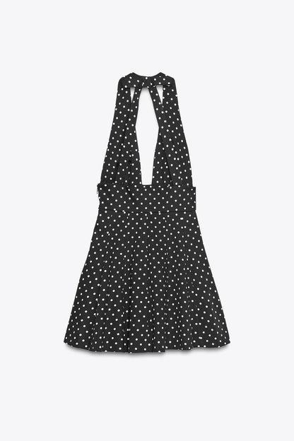 Vestido corto halter con lazo y lunares