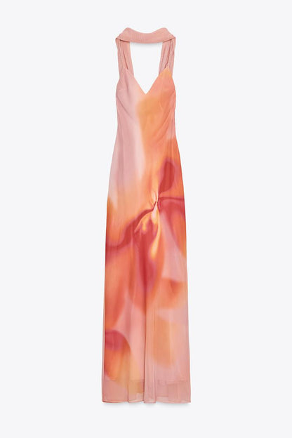 Vestido largo estampado con foulard a juego