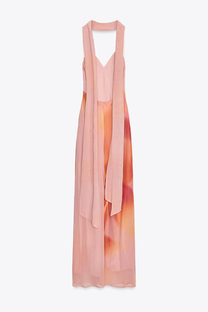 Vestido largo estampado con foulard a juego