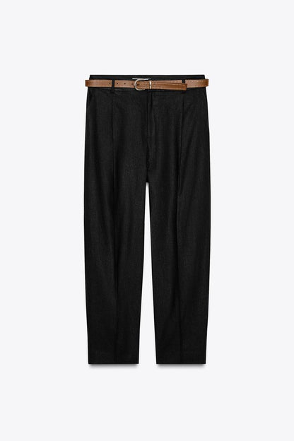 Pantalón recto de lino con cinturón